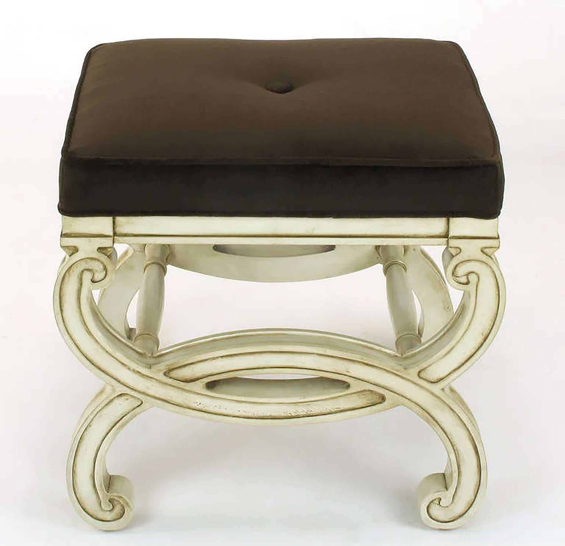 Pair of Regency Style Interlocking Curule Benches in Glazed Ivory & Sable Velvet In Excellent Condition In Chicago, IL