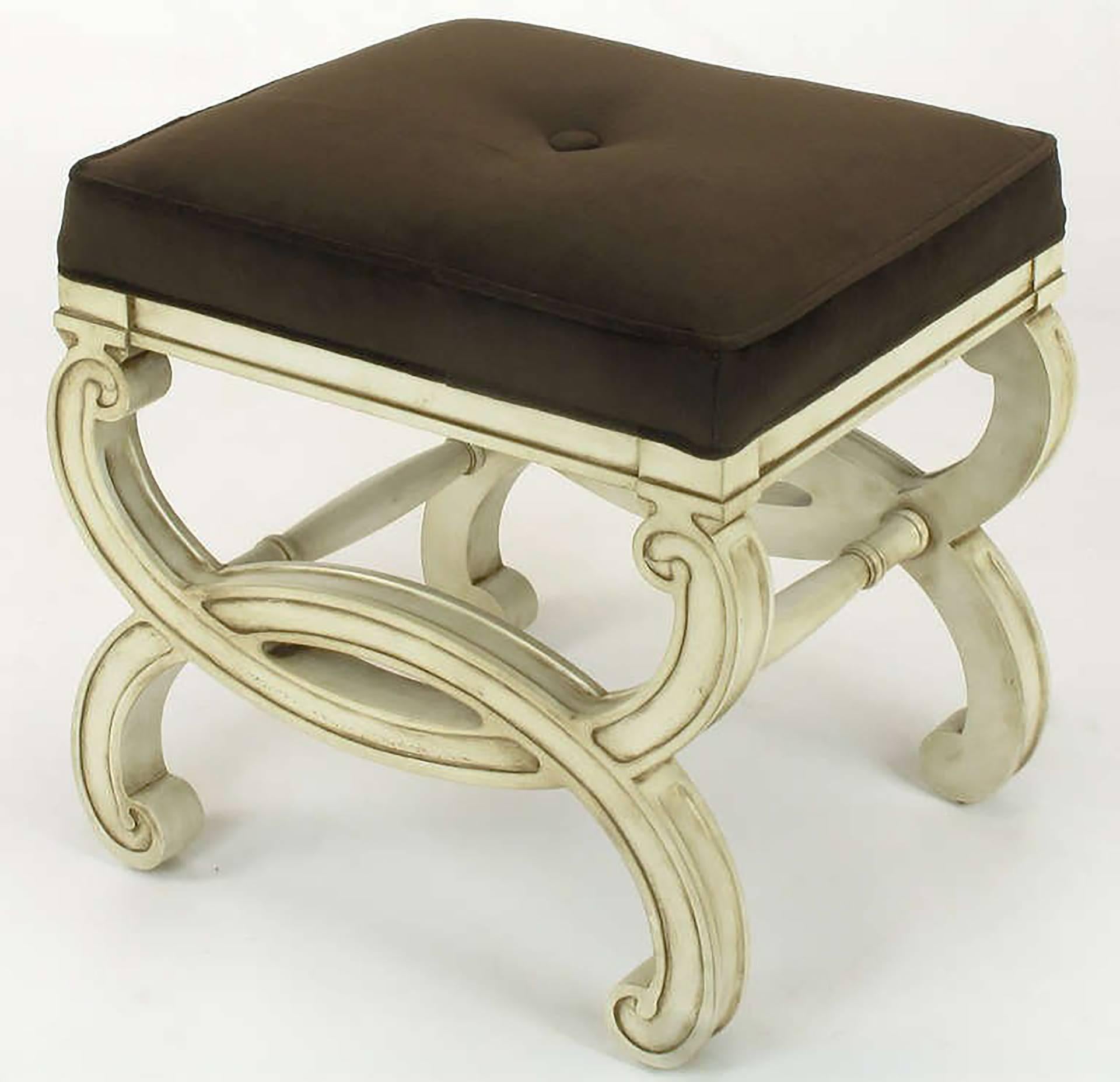 Mid-20th Century Pair of Regency Style Interlocking Curule Benches in Glazed Ivory & Sable Velvet