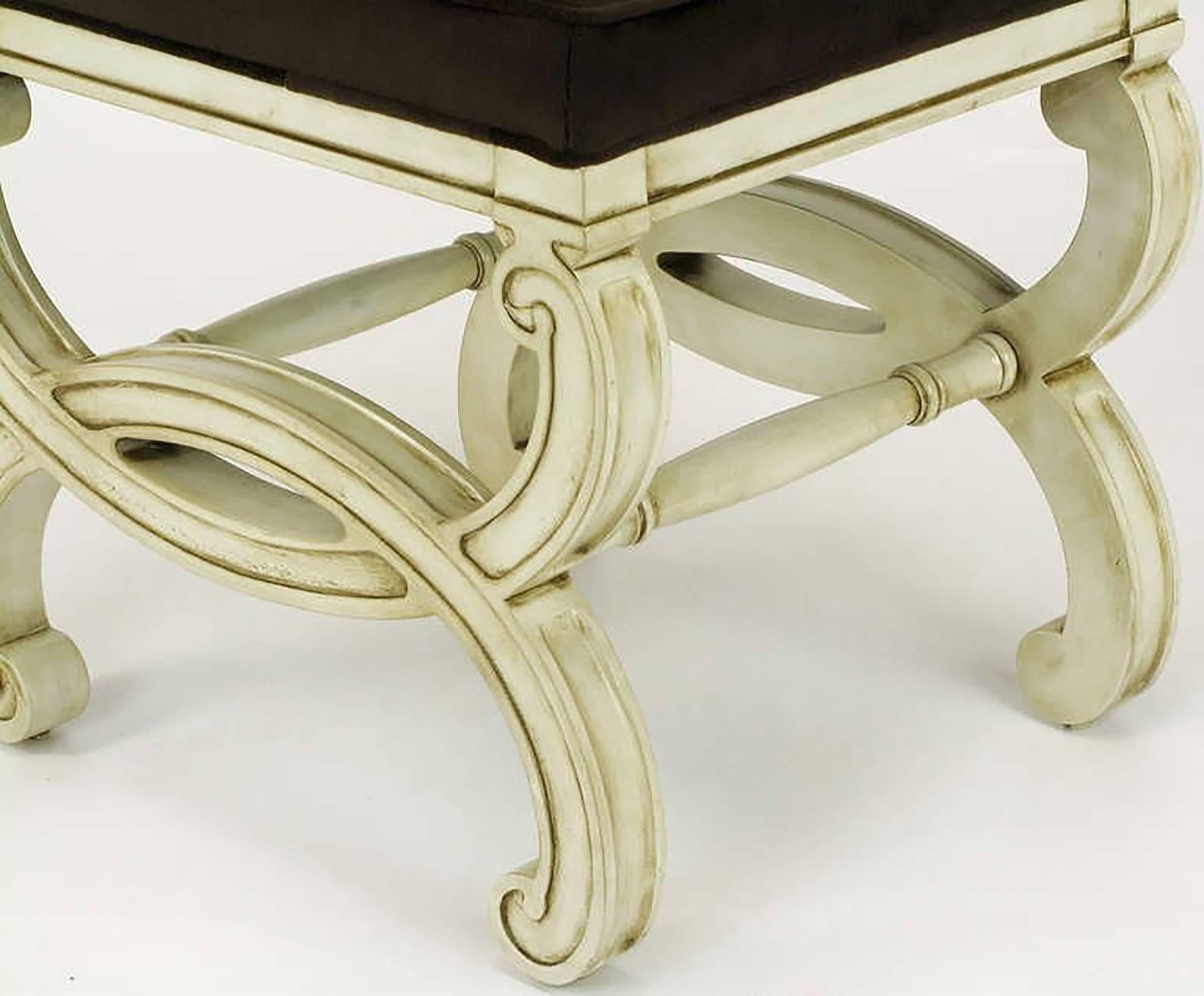 Pair of Regency Style Interlocking Curule Benches in Glazed Ivory & Sable Velvet 2