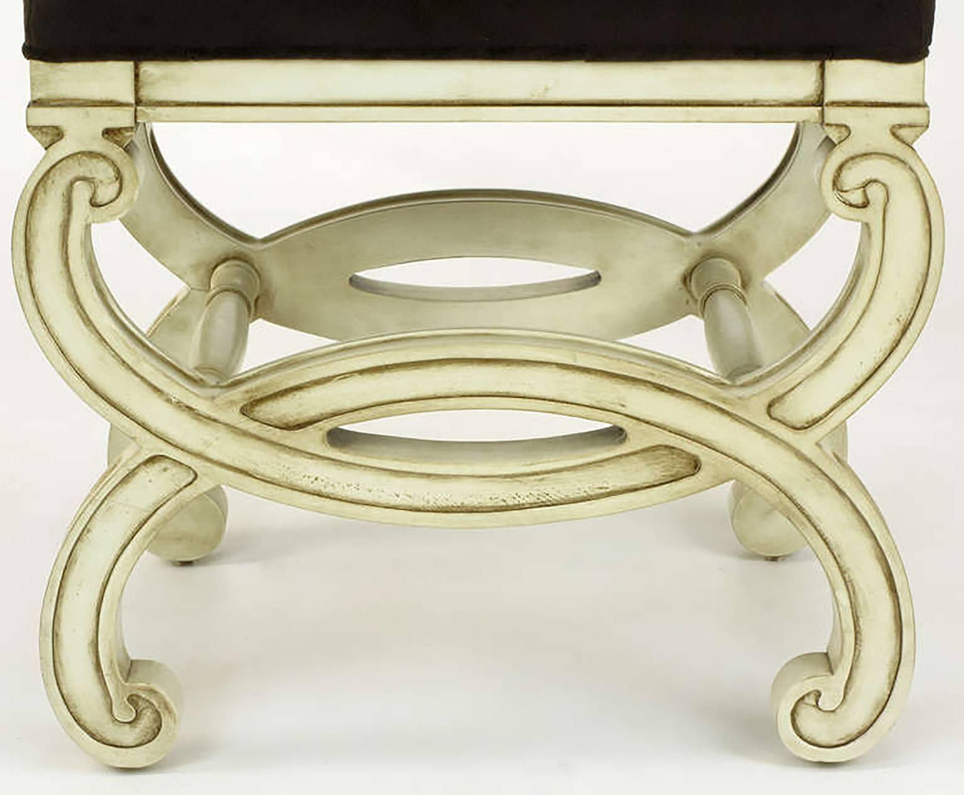 Pair of Regency Style Interlocking Curule Benches in Glazed Ivory & Sable Velvet 3