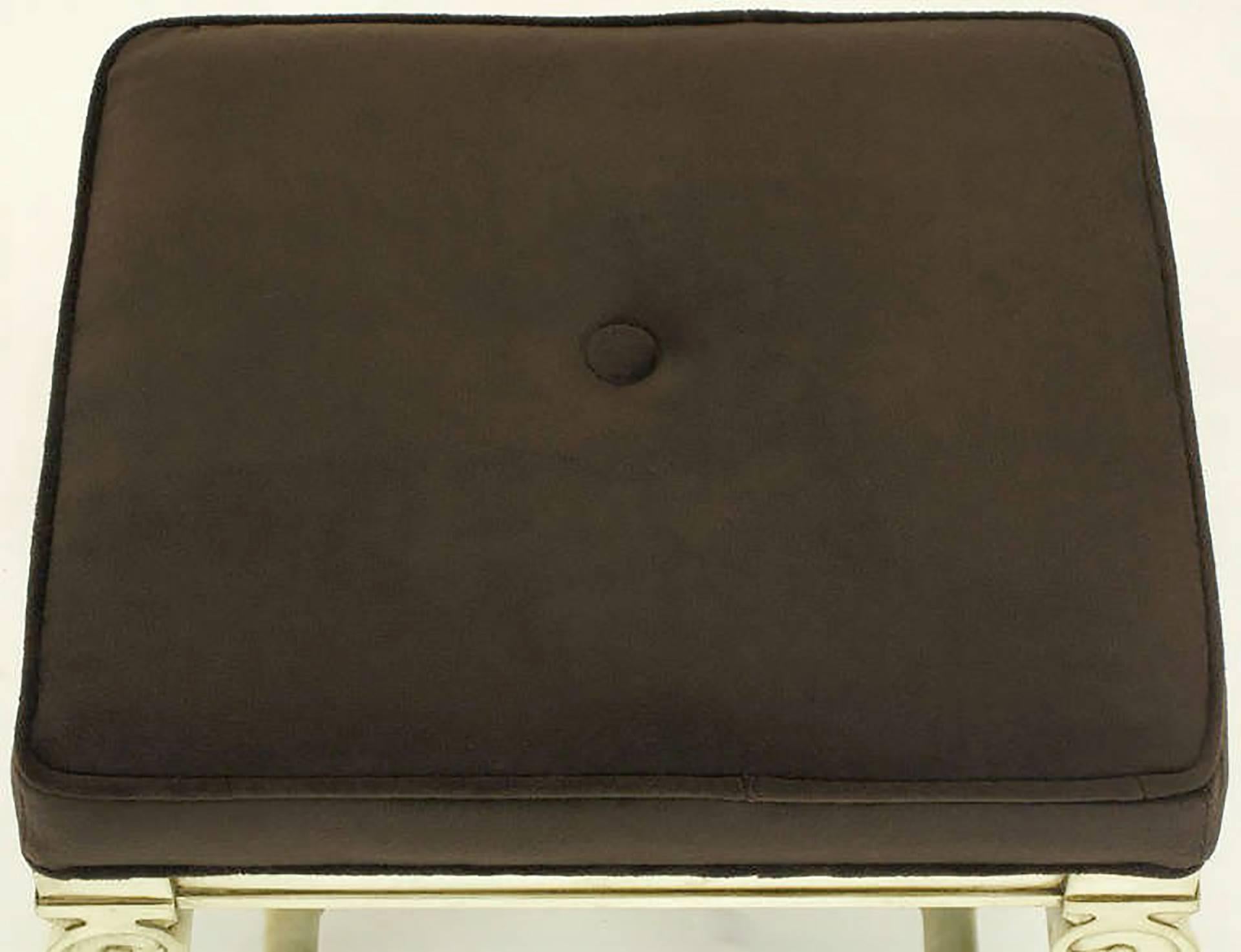 Pair of Regency Style Interlocking Curule Benches in Glazed Ivory & Sable Velvet 4