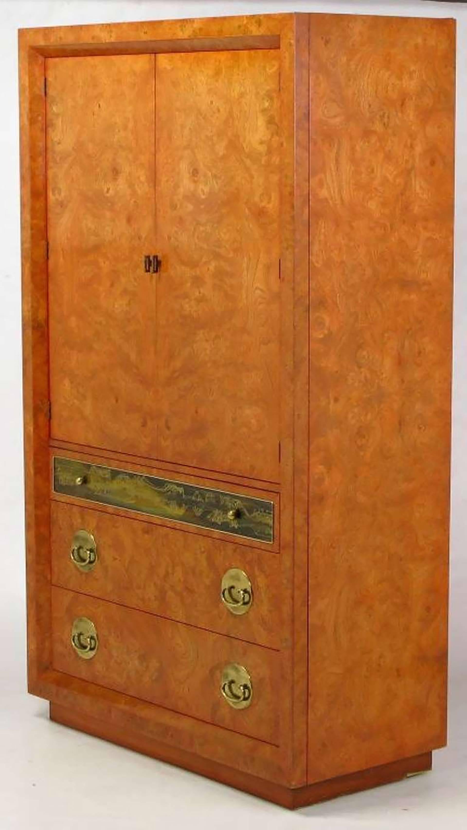Mid-Century Modern Rare Mastercraft Tangerine Amboyna Burl and Acid Etched Brass Wardrobe Cabinet