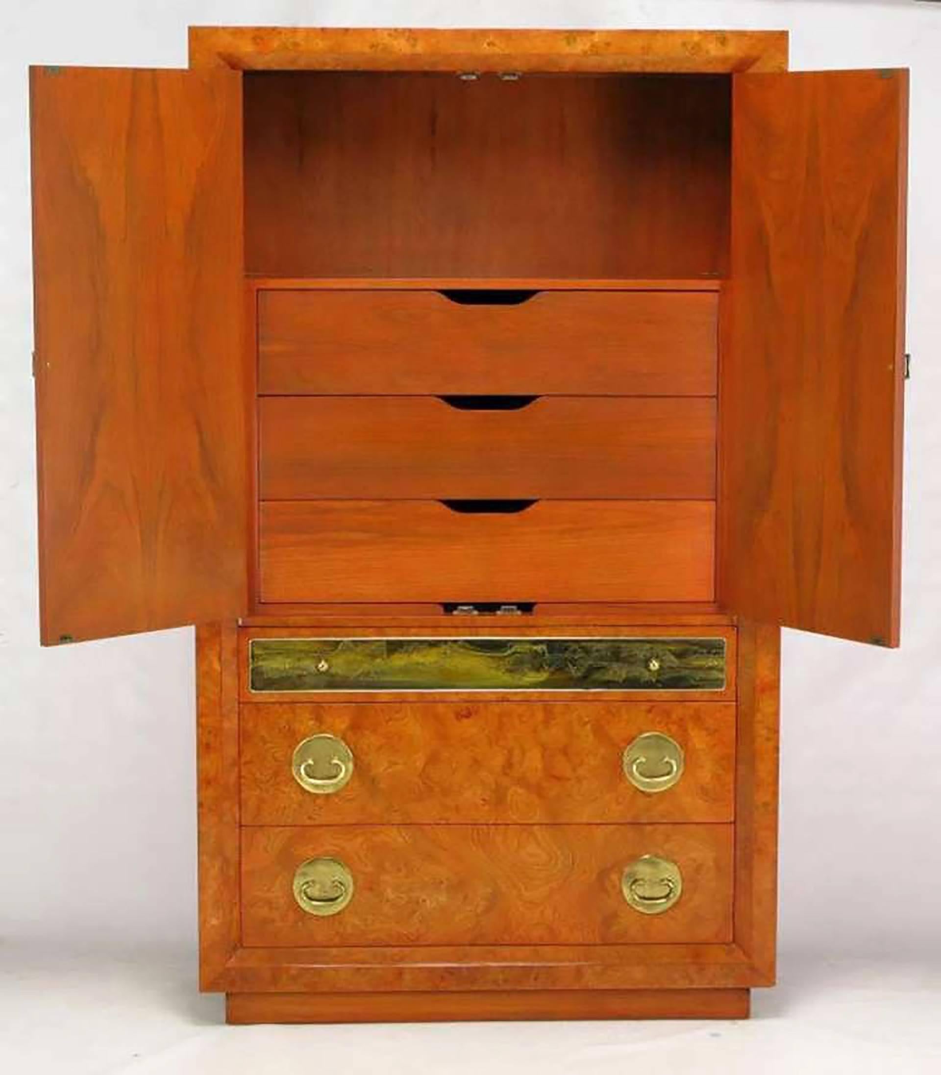 American Rare Mastercraft Tangerine Amboyna Burl and Acid Etched Brass Wardrobe Cabinet