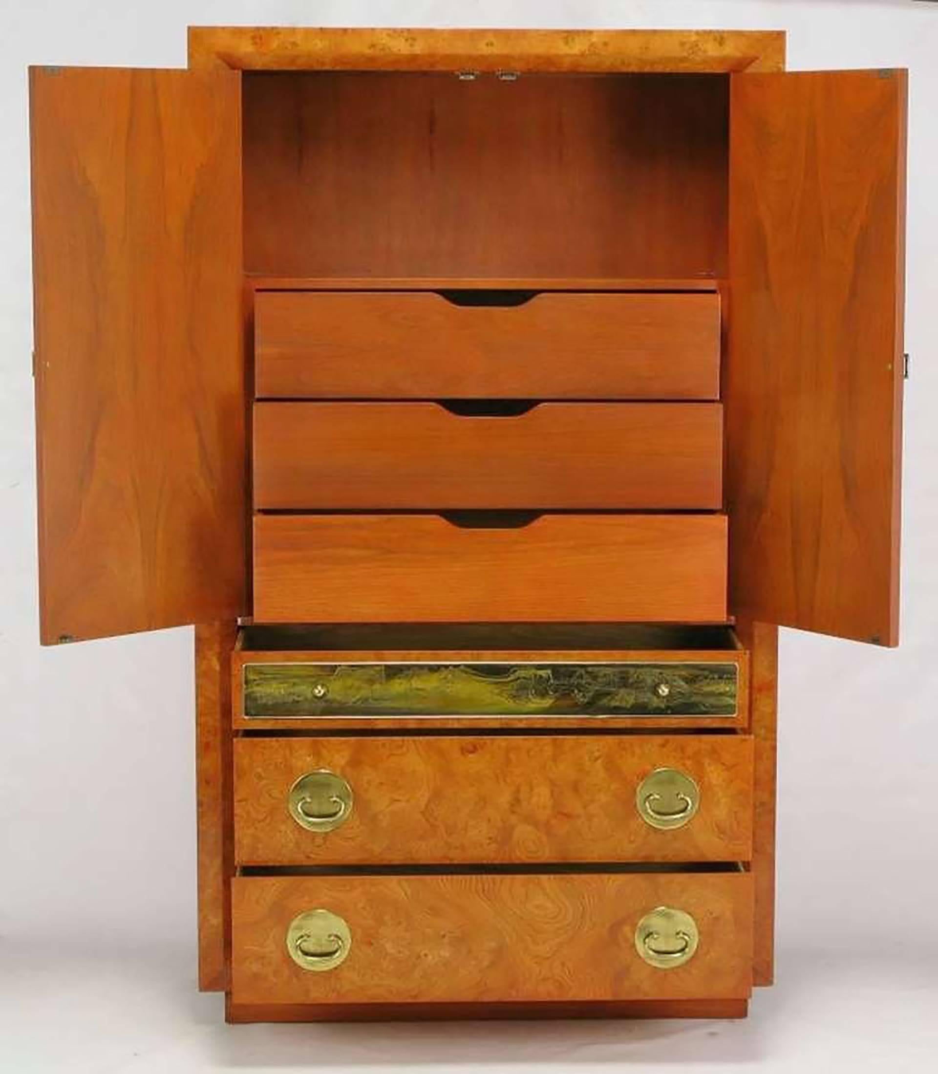 Late 20th Century Rare Mastercraft Tangerine Amboyna Burl and Acid Etched Brass Wardrobe Cabinet