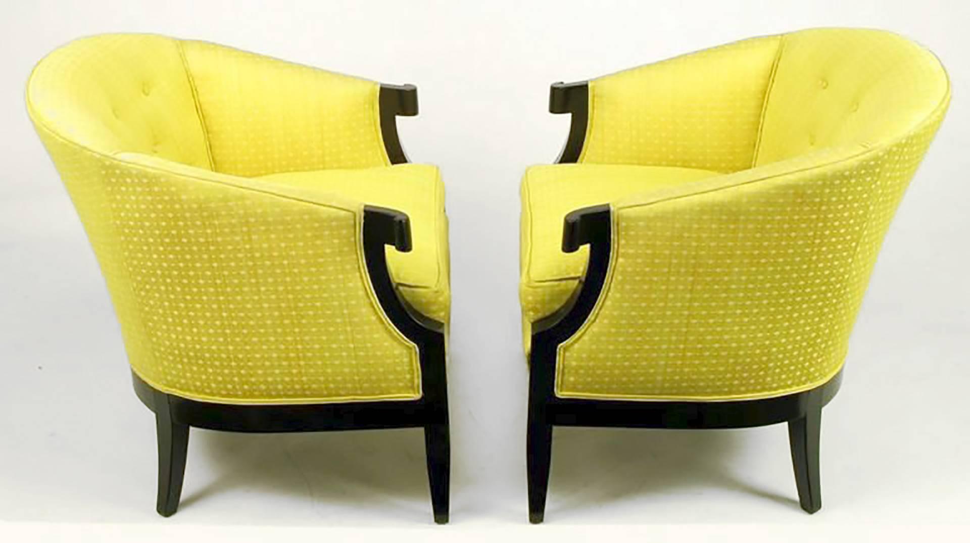 Pair of Baker Club Chairs in Embroidered Saffron Silk For Sale 1
