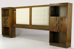Upholstered King Headboard in Walnut with Block Front Nightstands