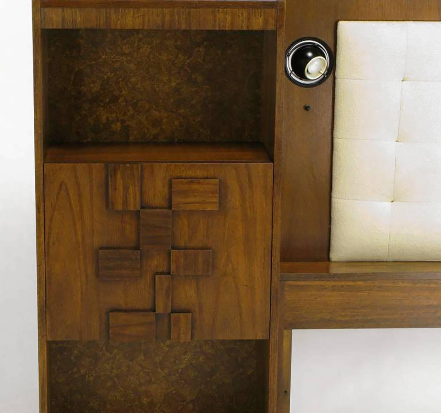 Mid-Century Modern Upholstered King Headboard in Walnut with Block Front Nightstands For Sale