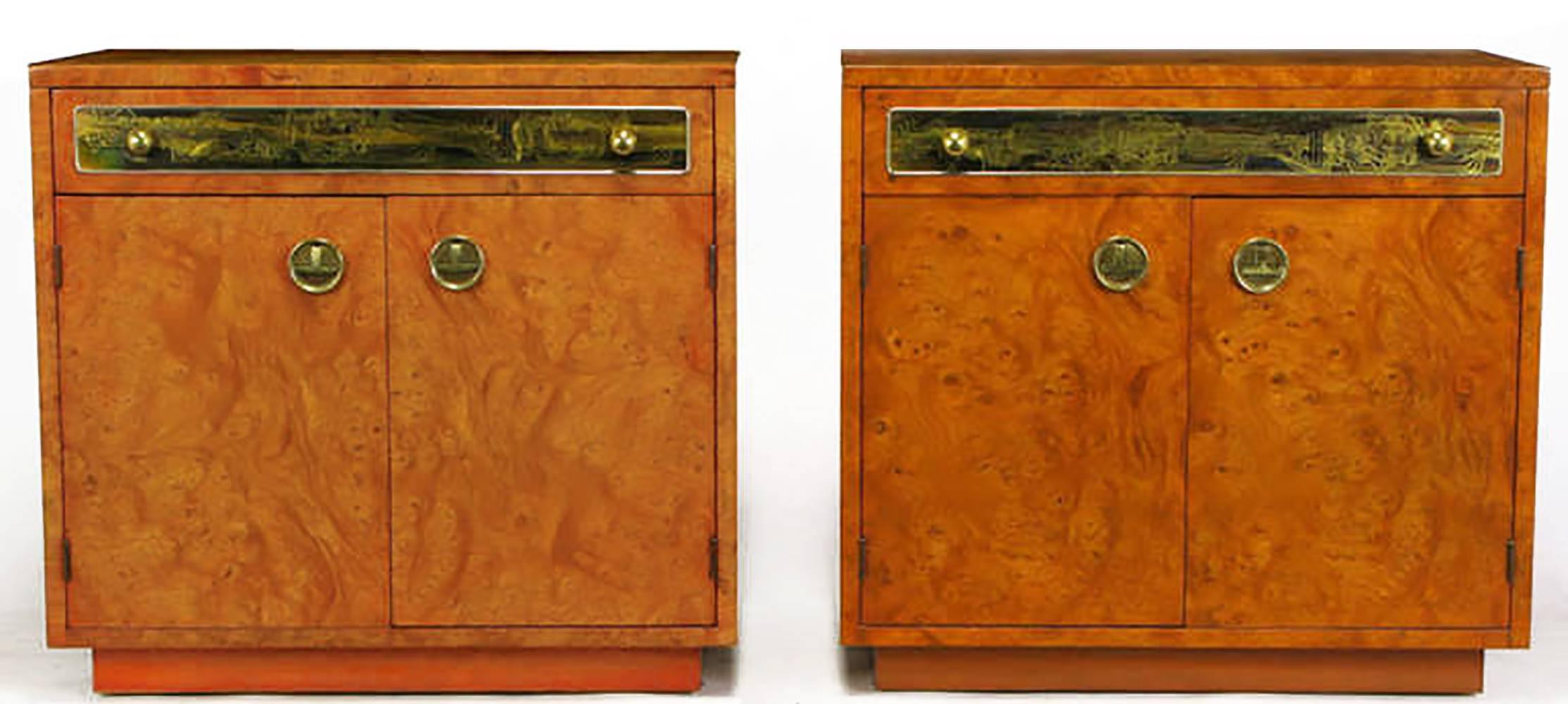 Mastercraft nightstands in beautiful burl amboyna wood veneer. Toned in a tangerine lacquer, a rare offering from Mastercraft, with Bernhard Rhone acid etched panels. Top drawer and lower cabinet space make them functional as well. Brass inverted