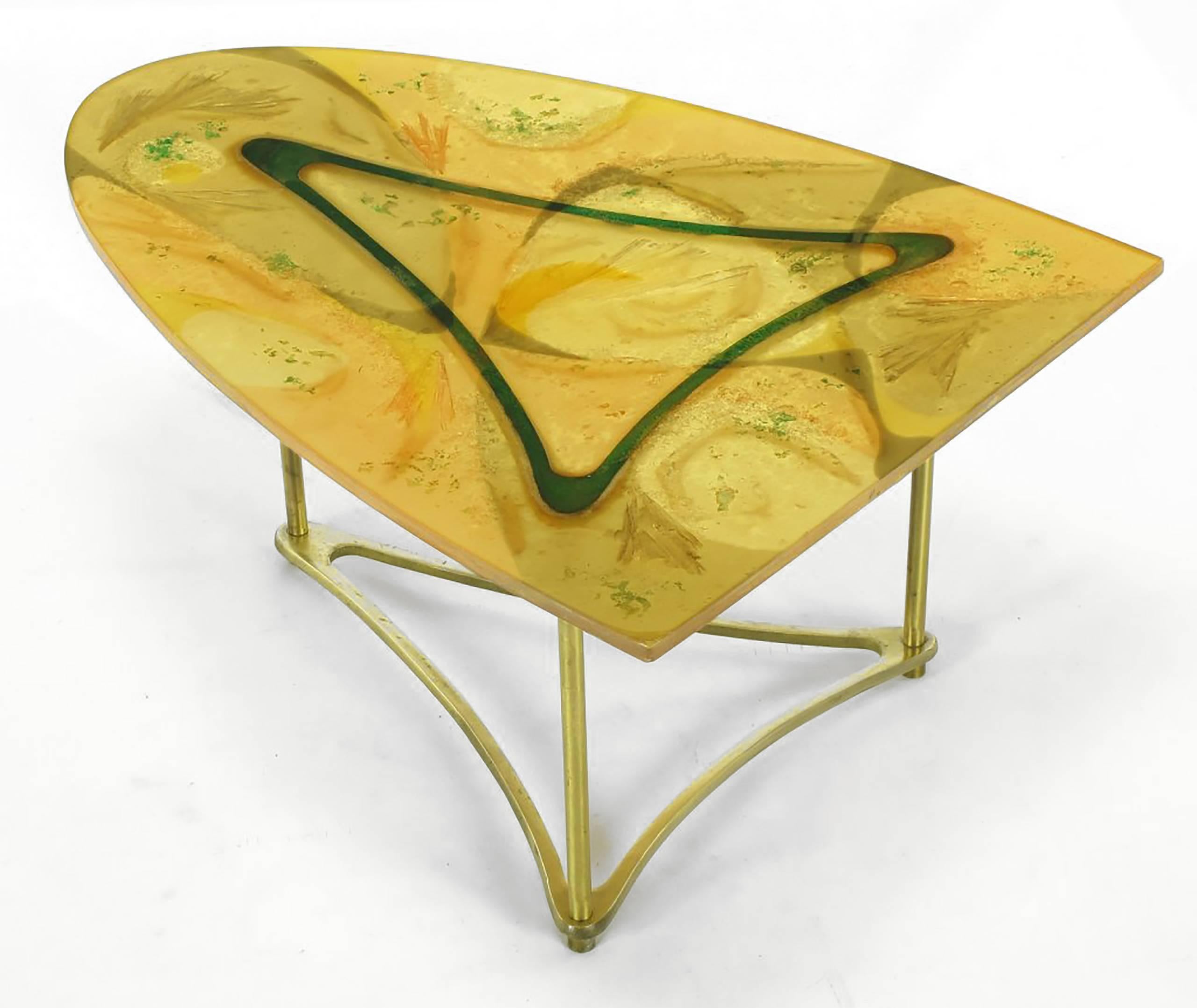 Mid-Century Modern Demi-Ellipse Abstract Cast Resin and Brass Side Table For Sale