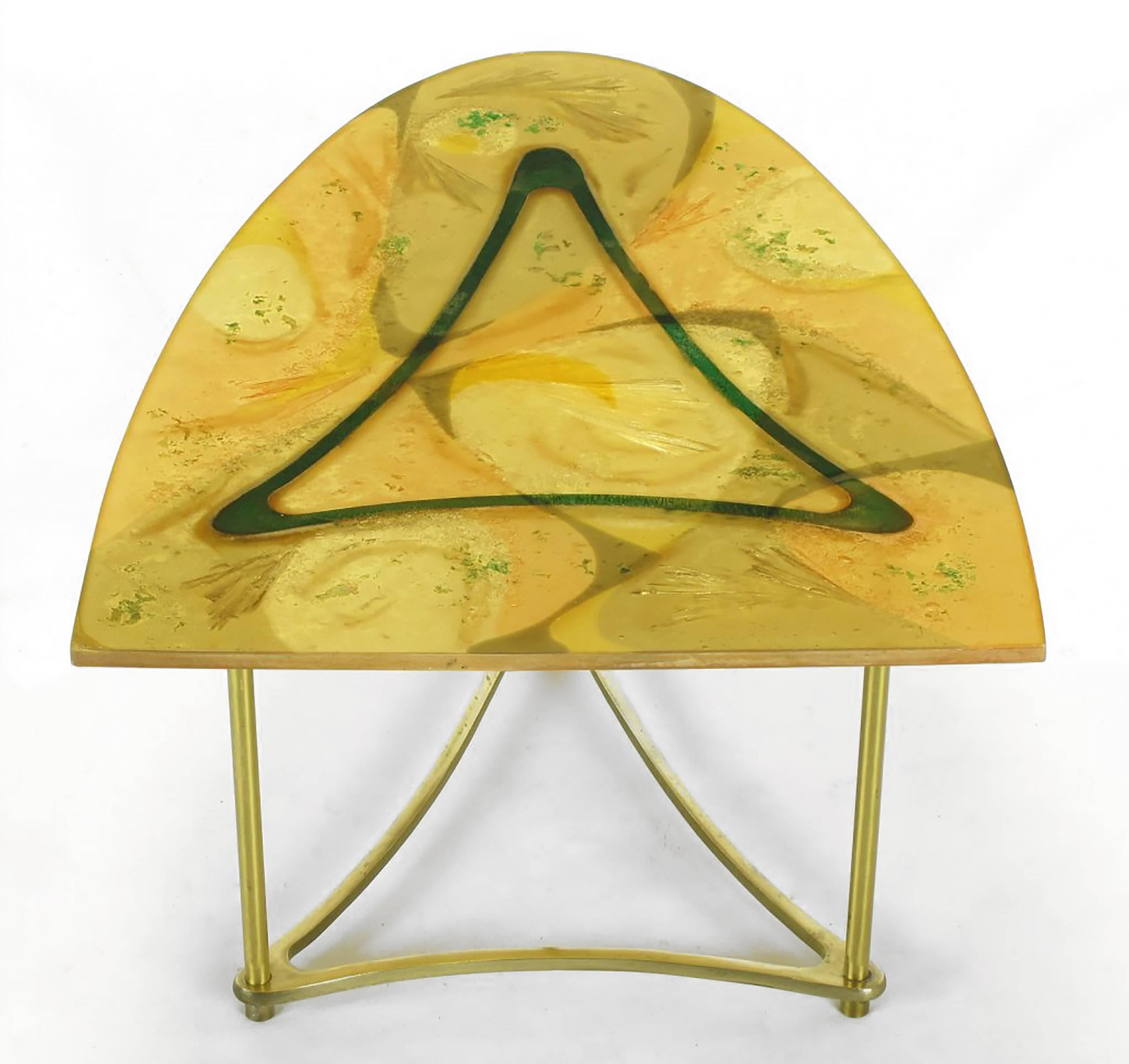 Mid-Century Modern Demi-Ellipse Abstract Cast Resin and Brass Side Table For Sale