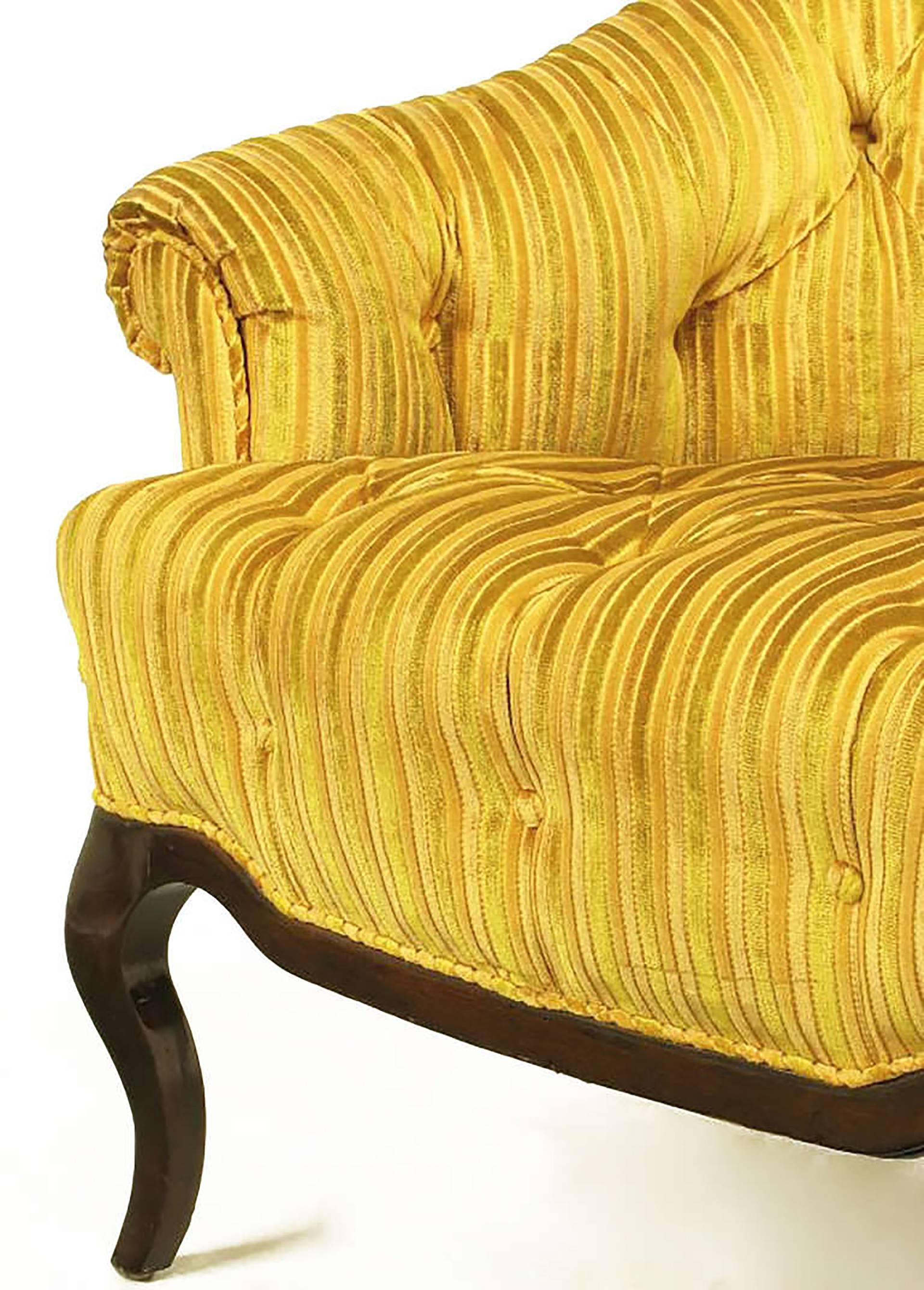 Velvet Elegant Pair of Interior Crafts Button-Tufted Barrel-Back Lounge Chairs