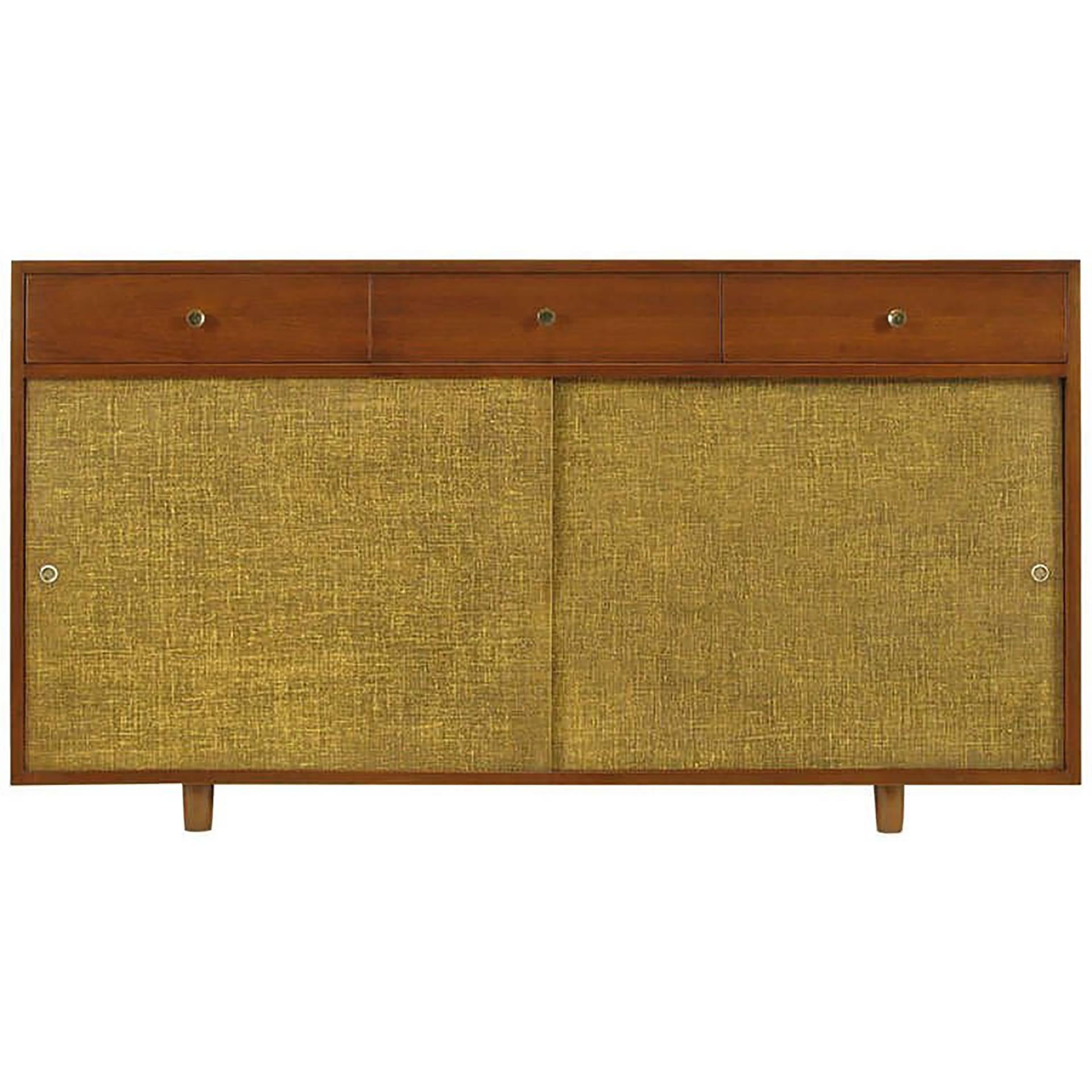 Mid-Century Modern Custom Walnut and Lacquered Linen Sliding Door Nine-Drawer Cabinet For Sale