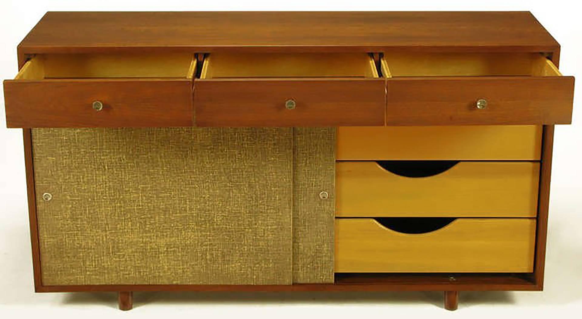 Custom Walnut and Lacquered Linen Sliding Door Nine-Drawer Cabinet In Excellent Condition For Sale In Chicago, IL