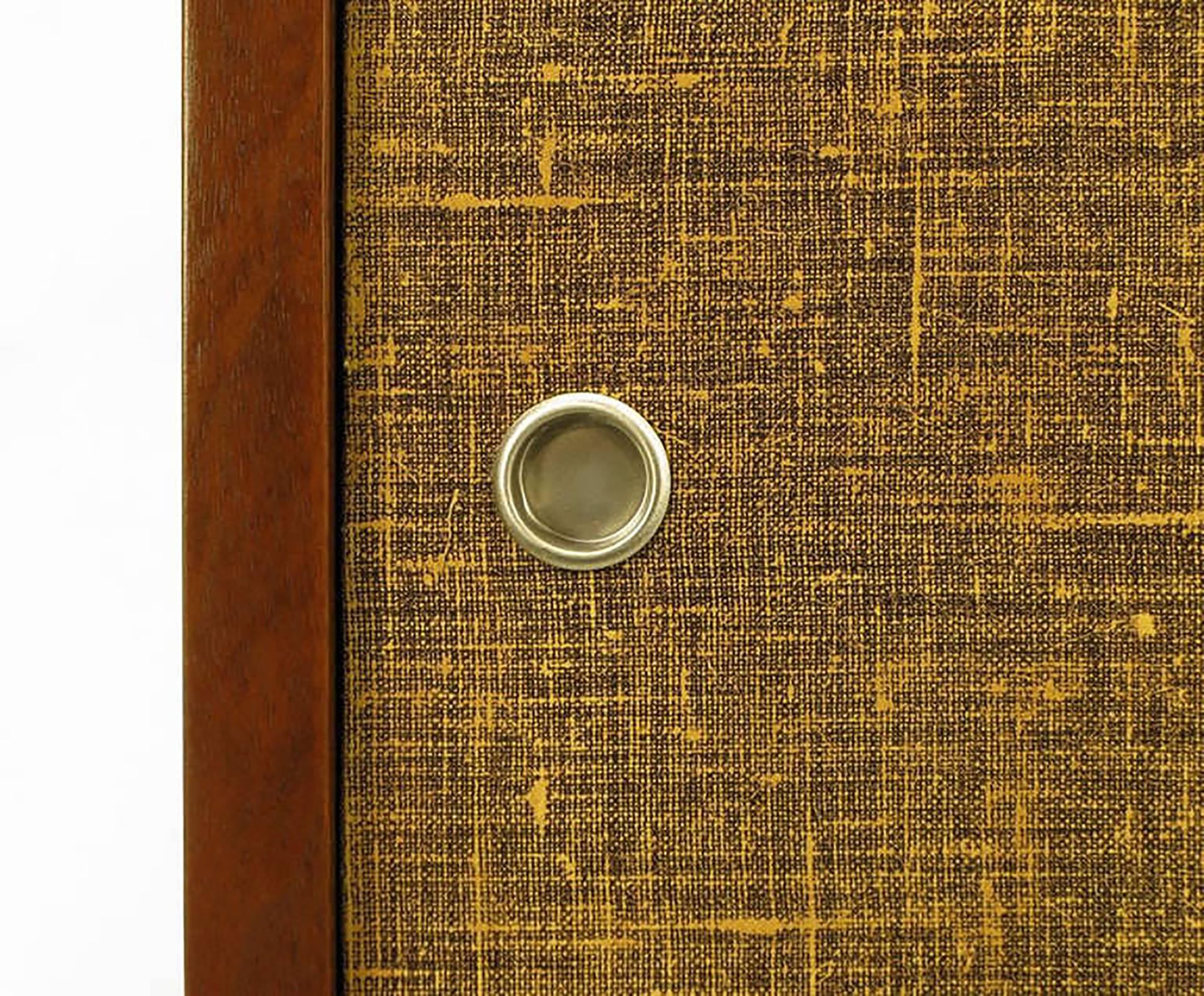 Custom Walnut and Lacquered Linen Sliding Door Nine-Drawer Cabinet For Sale 1
