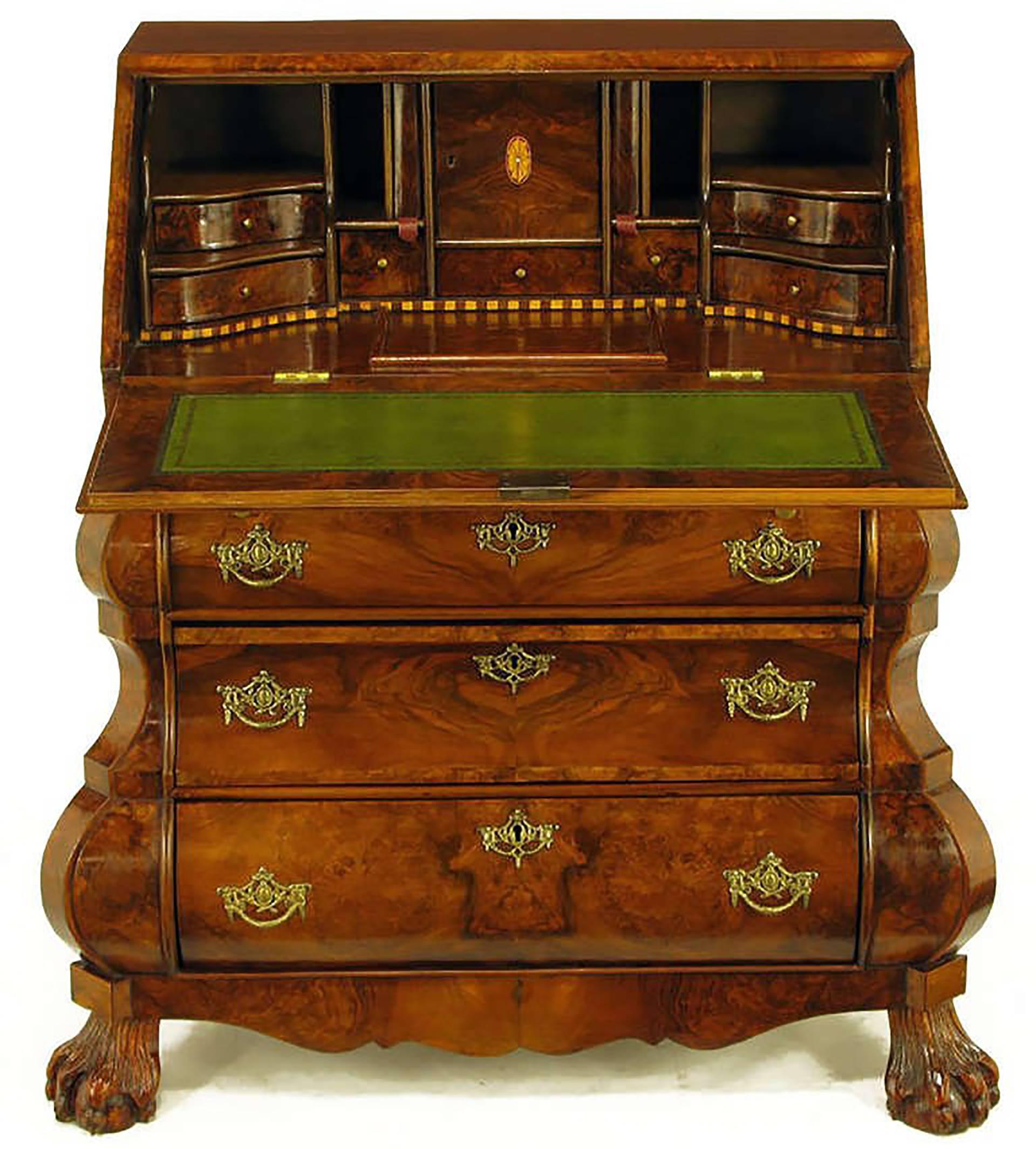 Mid-20th Century Dutch Rococo Style Bombe Burled Walnut Secretaire For Sale