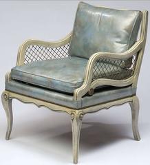 Pair of 1940s Carved and Lacquered Lounge Chairs with Blue Leather Upholstery