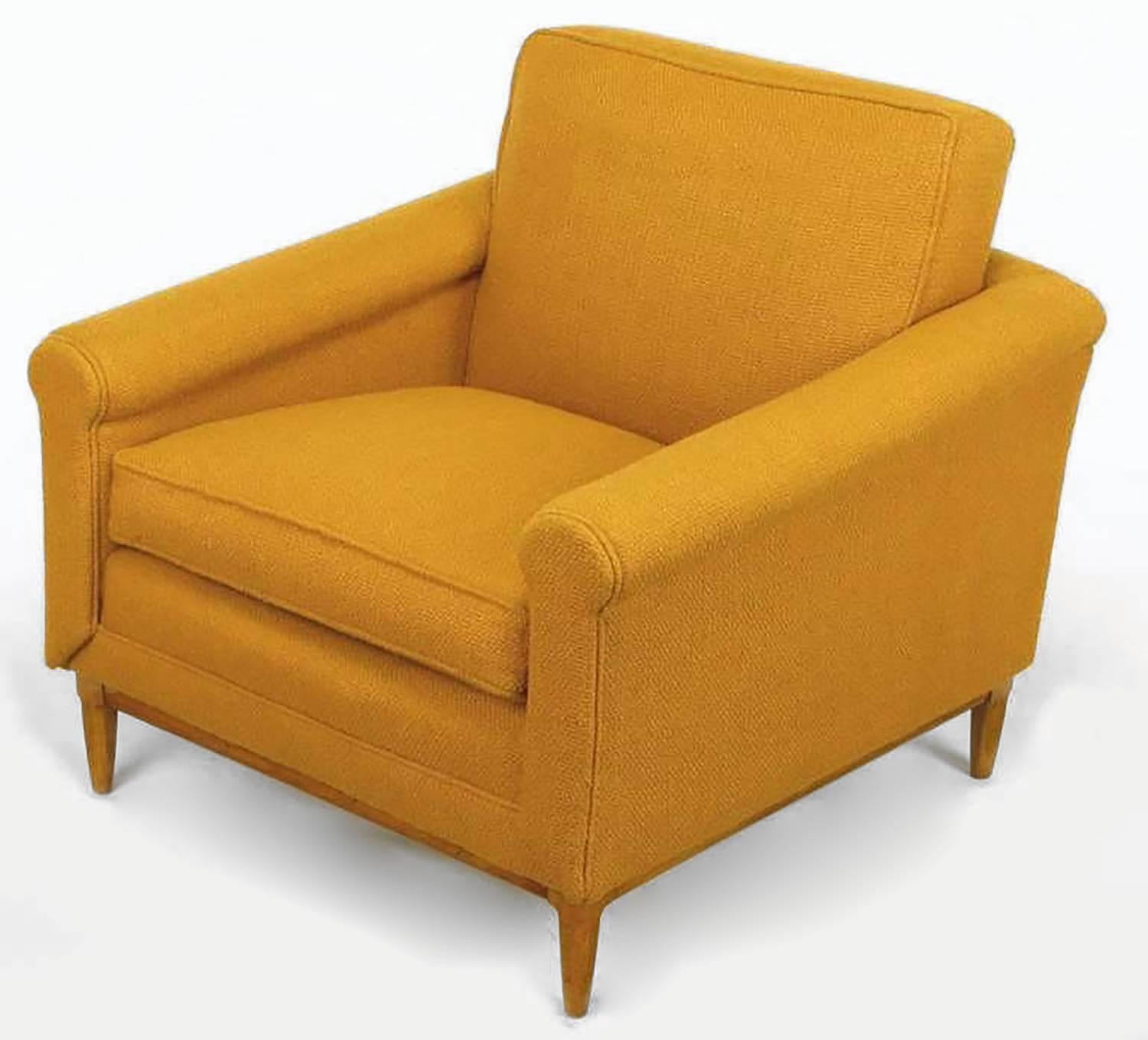 Mid-Century Modern Rolled Arm Lounge Chair & Ottoman in Amber Wool For Sale