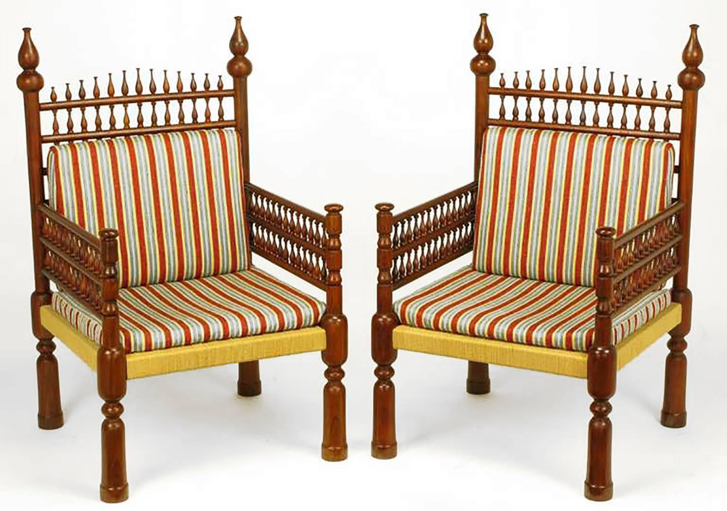 Beautiful carved teakwood and woven patterned rush seat arm or throne chairs with Moroccan styling. Also available with seat and back cushions.