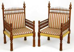 Pair of Grand Scale Moroccan Teak Open Fretwork and Rush Armchairs