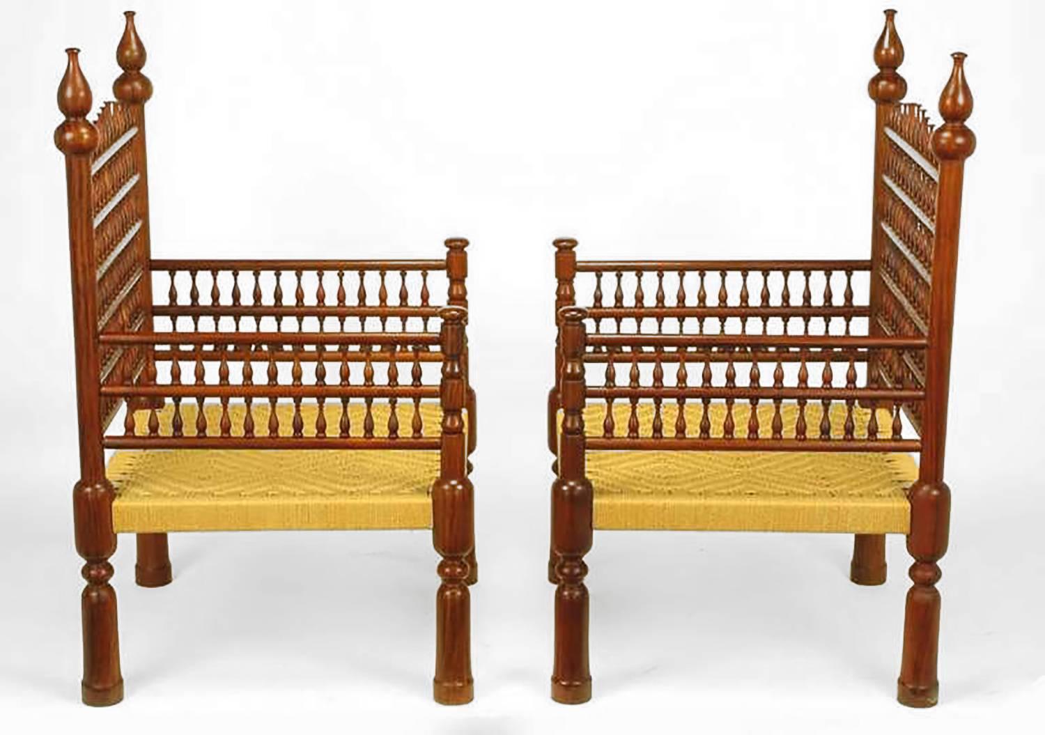 Pair of Grand Scale Moroccan Teak Open Fretwork and Rush Armchairs In Excellent Condition In Chicago, IL