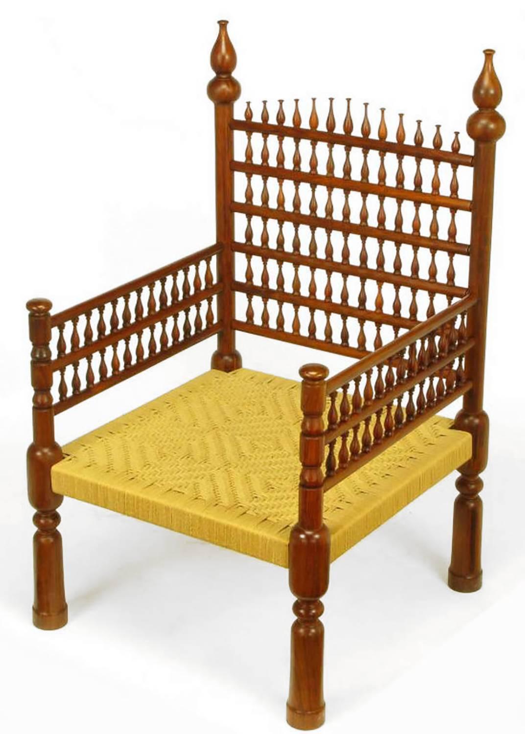 Mid-20th Century Pair of Grand Scale Moroccan Teak Open Fretwork and Rush Armchairs