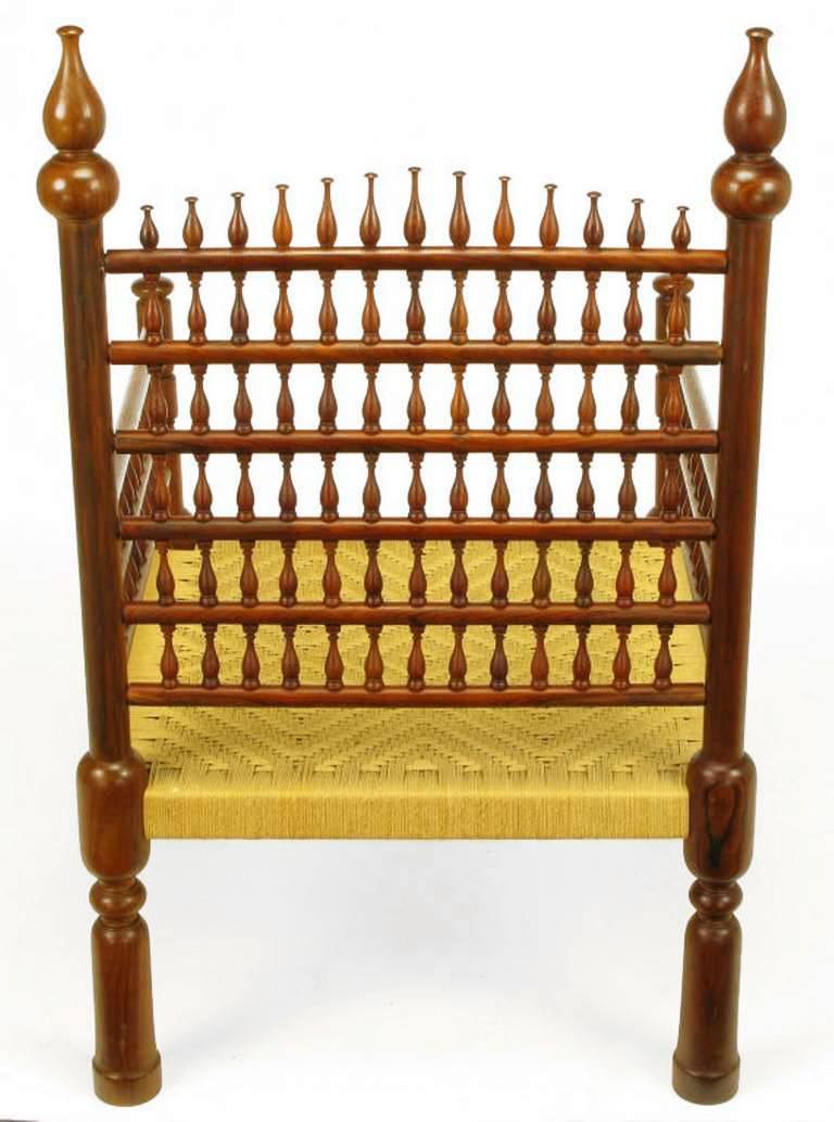 Pair of Grand Scale Moroccan Teak Open Fretwork and Rush Armchairs 1