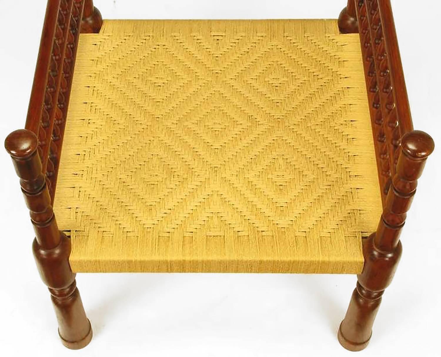 Pair of Grand Scale Moroccan Teak Open Fretwork and Rush Armchairs 2