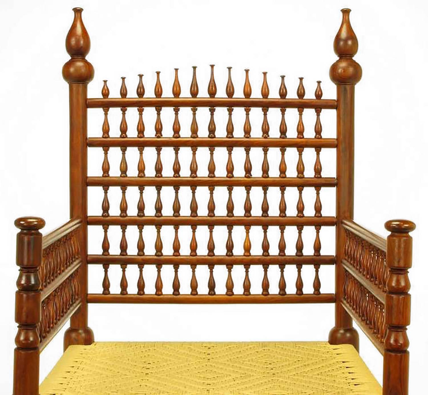 Pair of Grand Scale Moroccan Teak Open Fretwork and Rush Armchairs 3