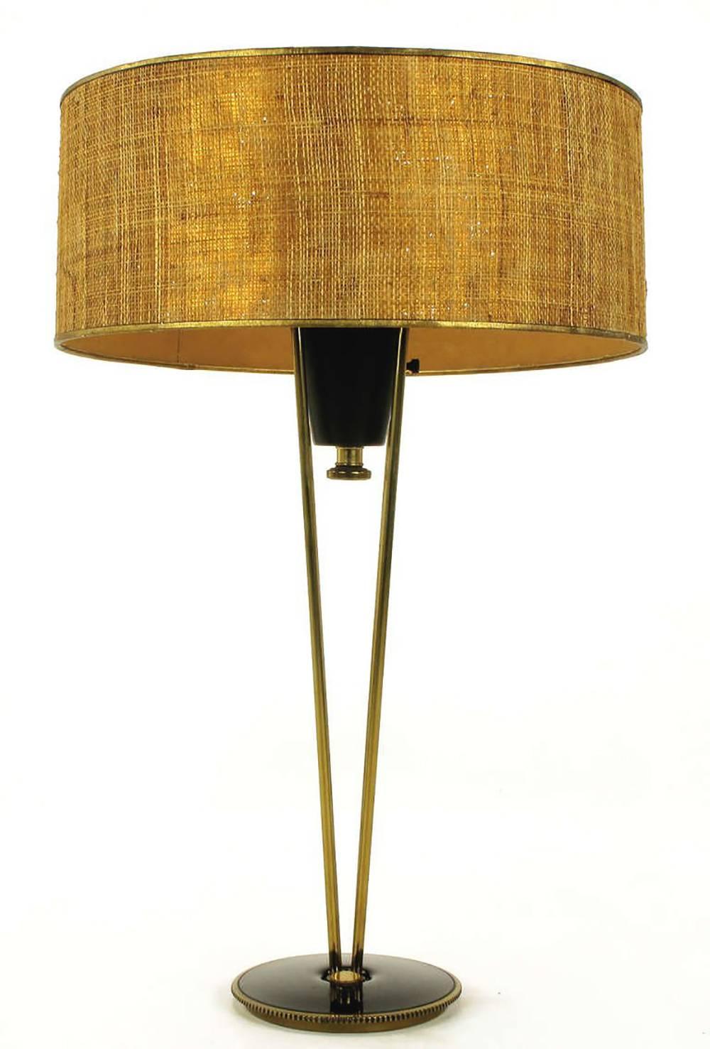 Rare 1950s Stiffel suspension table lamp. Four brass rods with ball finials support a black lacquered cup with internal light socket. Original off-white lacquered steel diffuser and burlap wrapped shade. Black lacquer and brass base is eight inches
