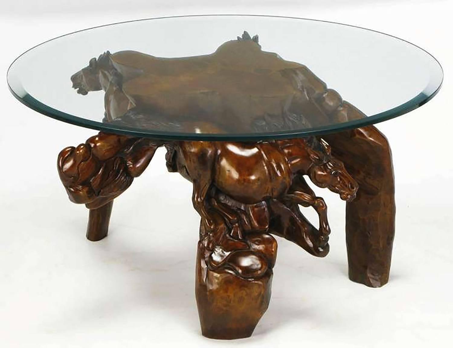 American Incredible Equine Carved Wood Coffee Table For Sale
