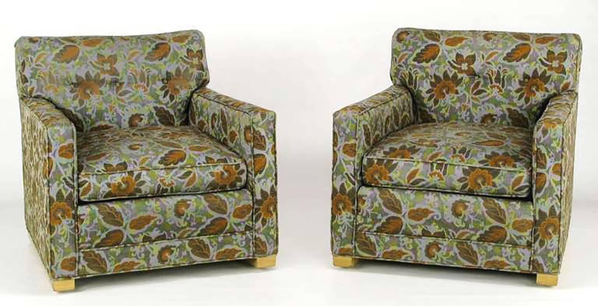 Art Deco Pair of 1940s Sled-Base Club Chairs in Vivid Floral Upholstery