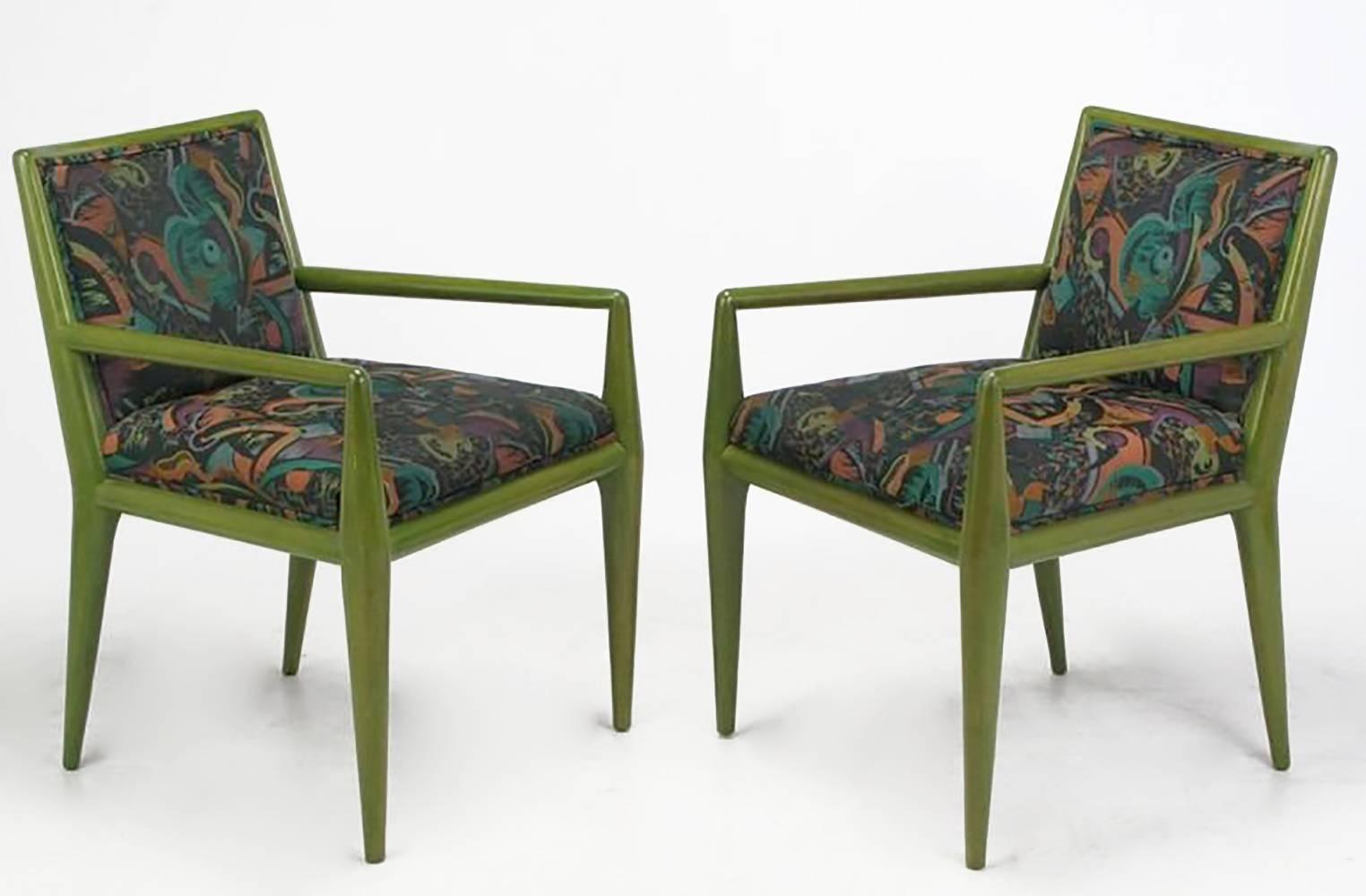 Unexpected moss green stained walnut arm chairs, with a colorful deco revival woven upholstery by T.H. Robsjohn-Gibbings for Widdicomb. Older custom refinishing in great condition. Also, we can refinish these back to the original aged maple finish