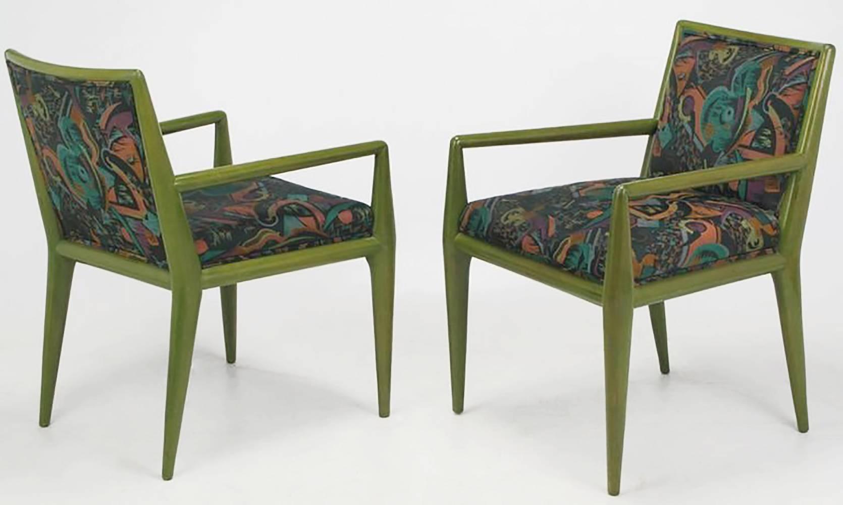 Mid-Century Modern Four T.H. Robsjohn-Gibbings Moss Green Walnut Armchairs