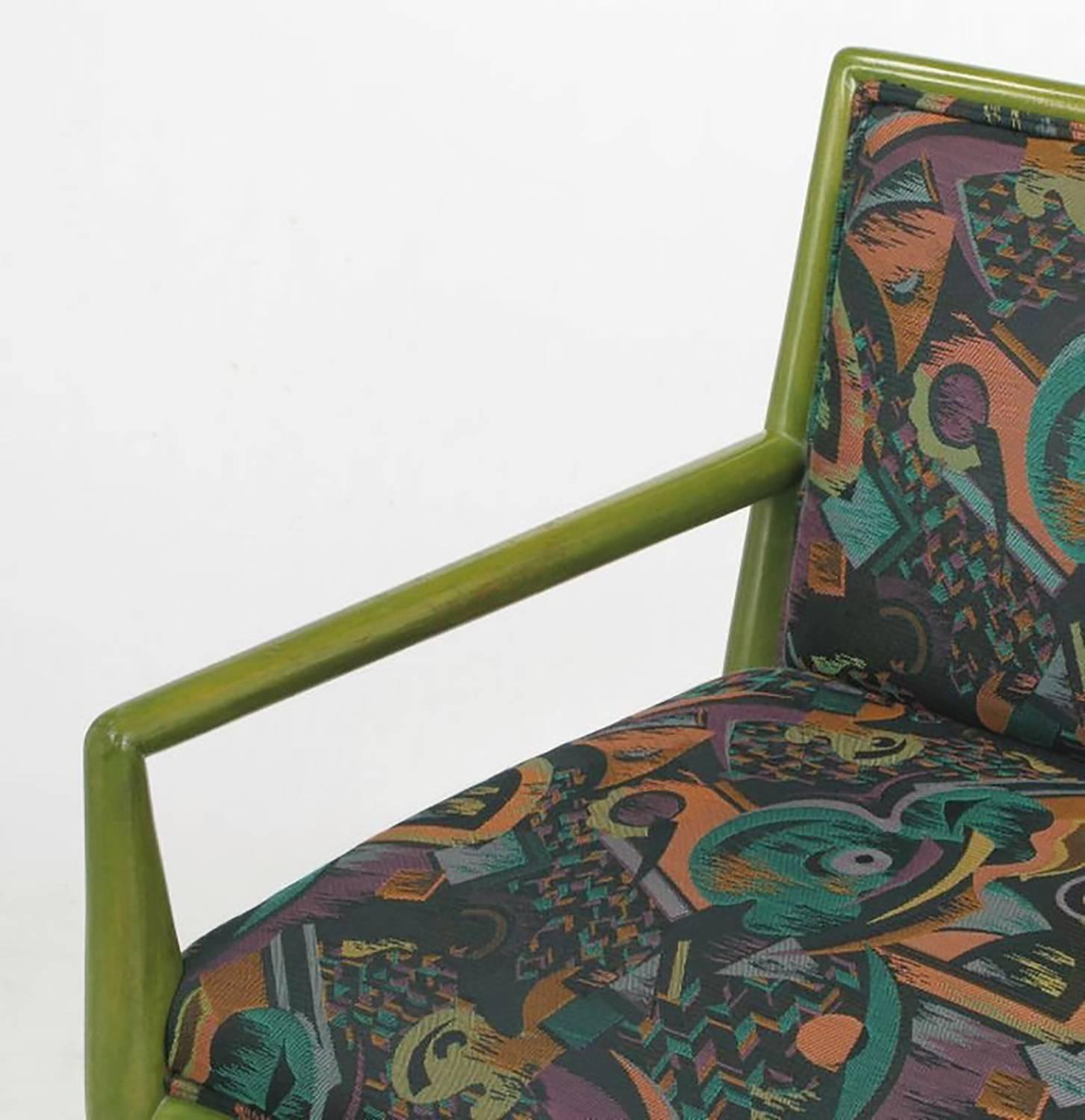 Mid-20th Century Four T.H. Robsjohn-Gibbings Moss Green Walnut Armchairs