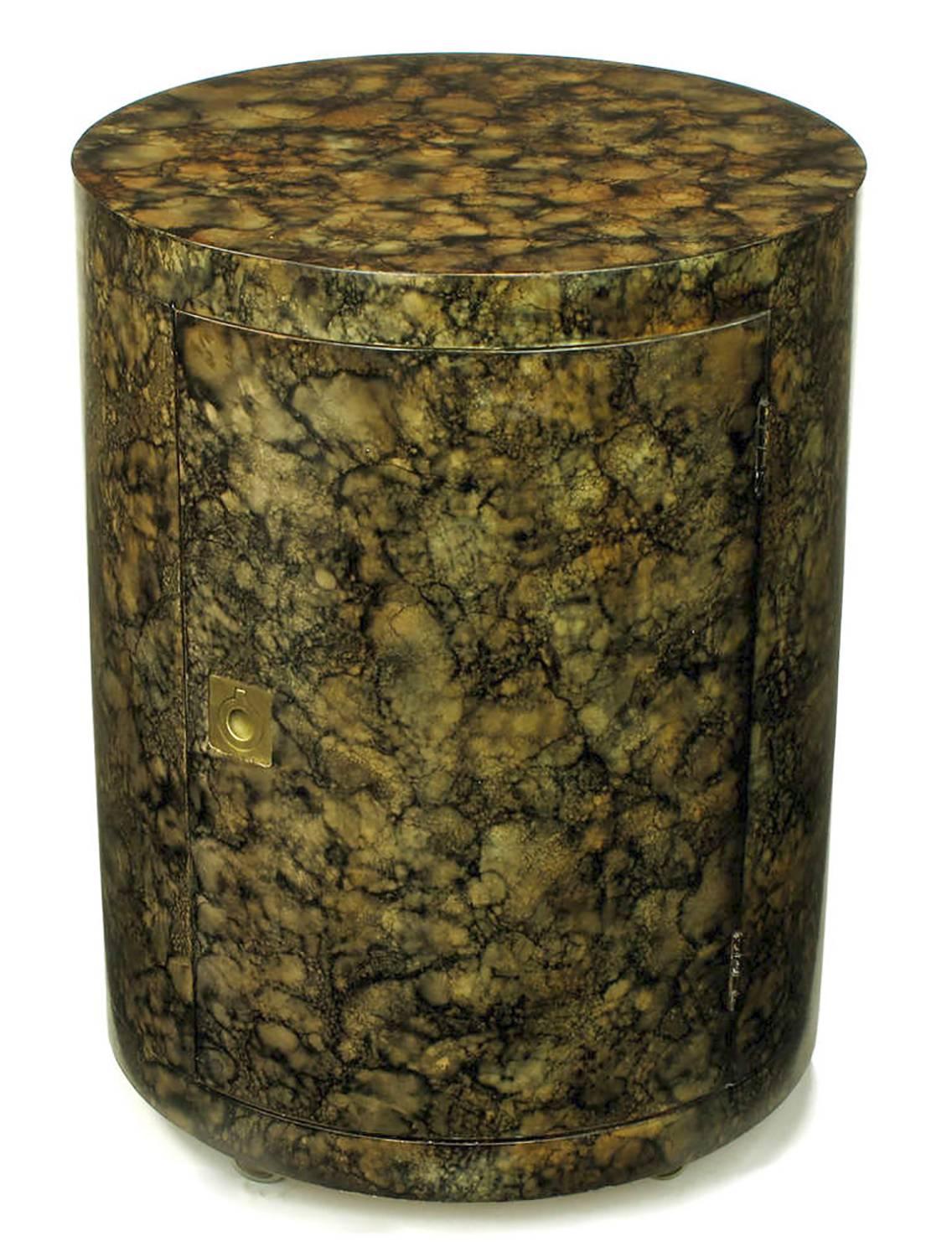 Mid-Century Modern Pair of Custom Faux Tortoise Shell Cylinder Commodes For Sale
