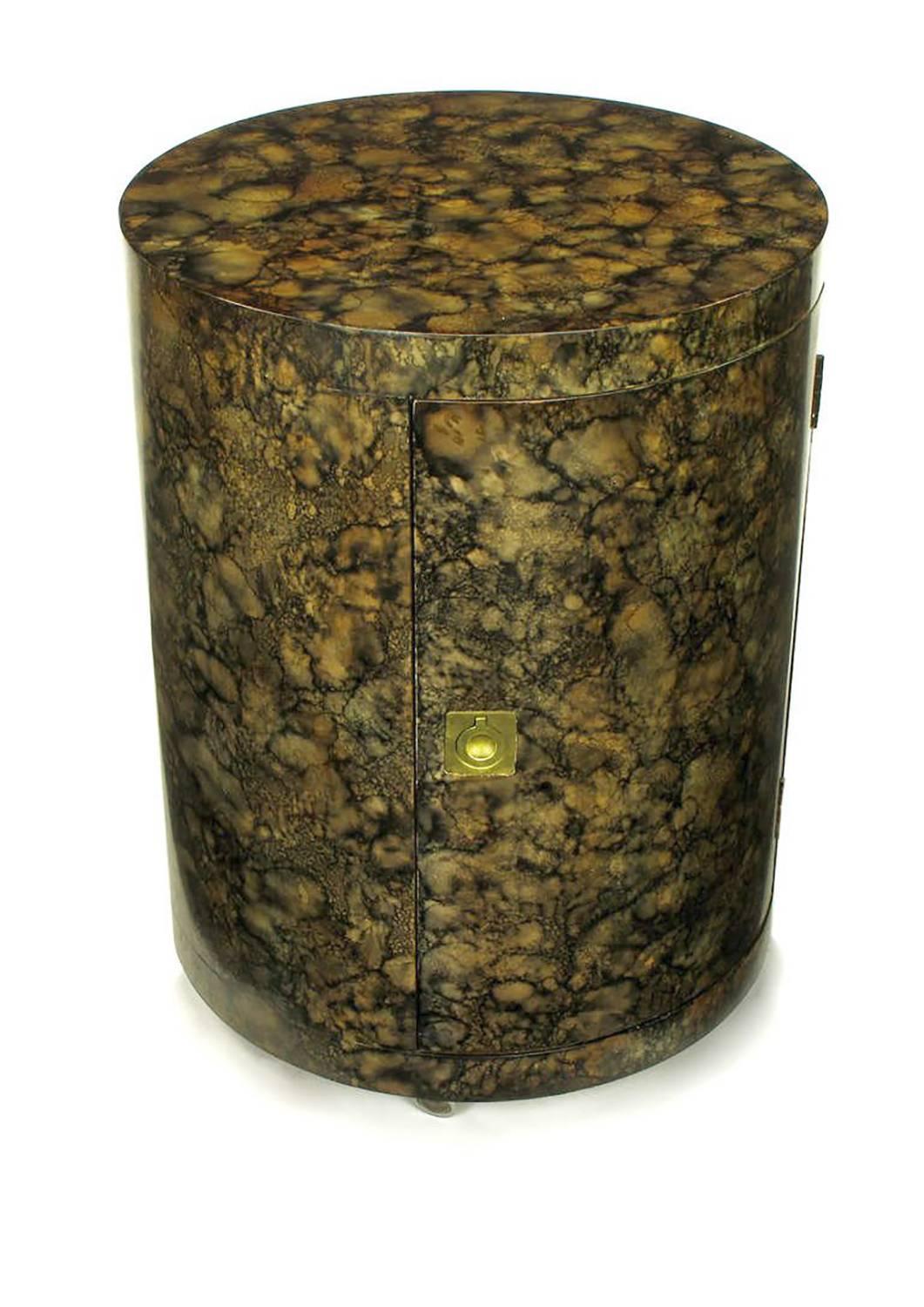 Brass Pair of Custom Faux Tortoise Shell Cylinder Commodes For Sale