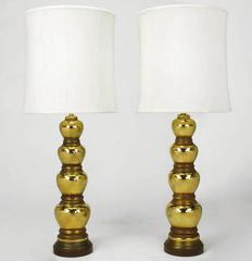 Pair of 1930s Gold-Plated Mirror Glazed Porcelain Quadruple Gourd Table Lamps