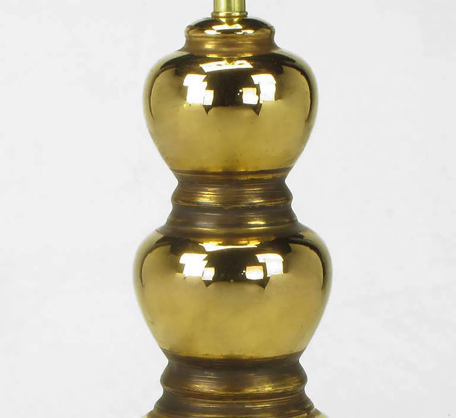 Mid-20th Century Pair of 1930s Gold-Plated Mirror Glazed Porcelain Quadruple Gourd Table Lamps For Sale