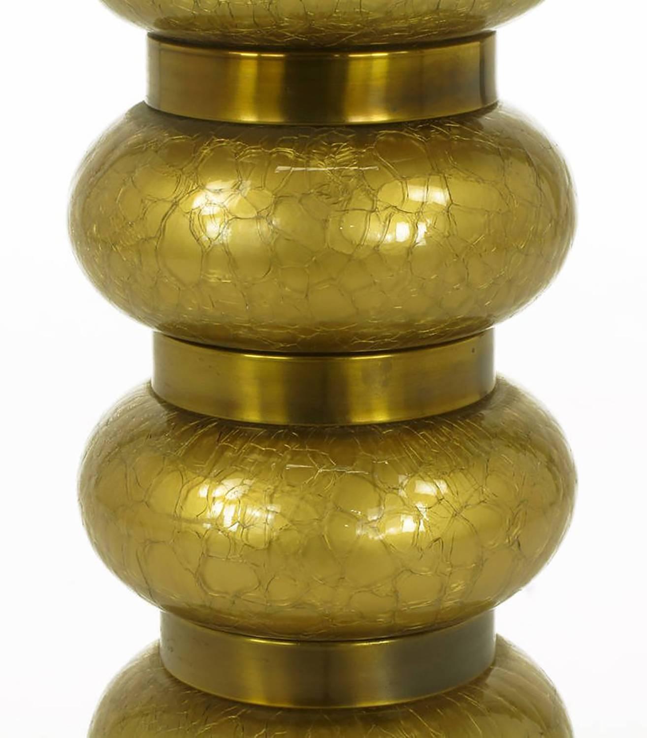 Mid-Century Modern Pair of Paul Hanson Reverse Gilt Crackle Glass and Brass Table Lamps For Sale