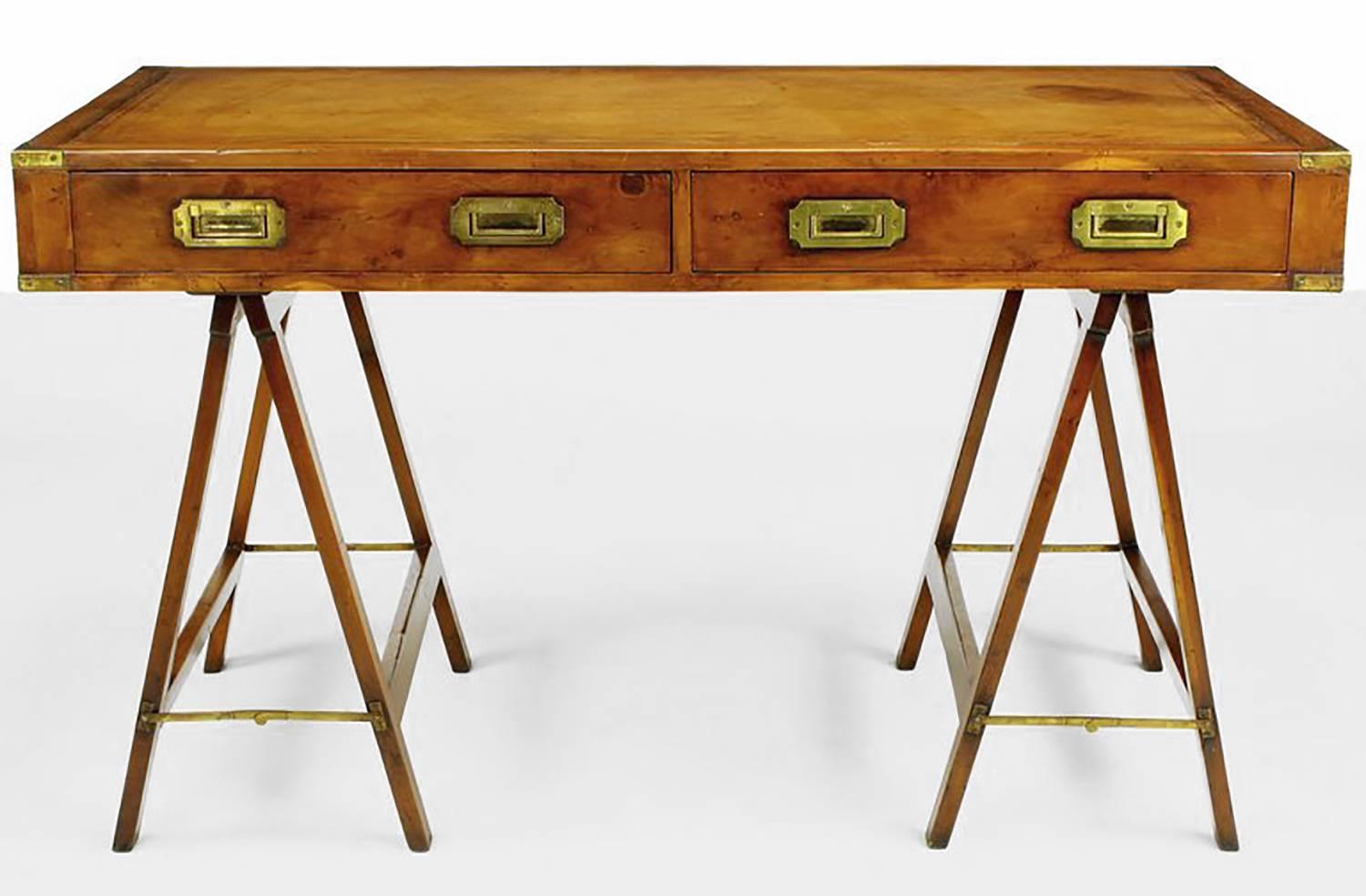 Early 1900s Campaign Desk with Tooled Leather Top 1