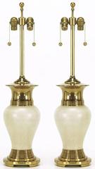 Pair of Urn Form Brass and Ivory Crackle Glaze Table Lamps