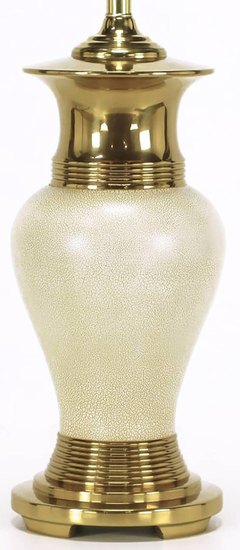 American Pair of Urn Form Brass and Ivory Crackle Glaze Table Lamps For Sale