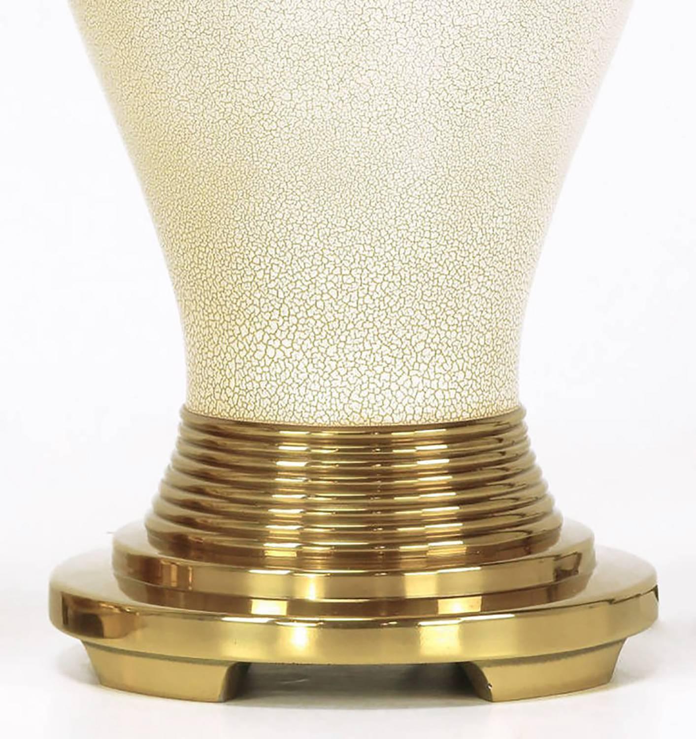 Pair of Urn Form Brass and Ivory Crackle Glaze Table Lamps In Good Condition For Sale In Chicago, IL
