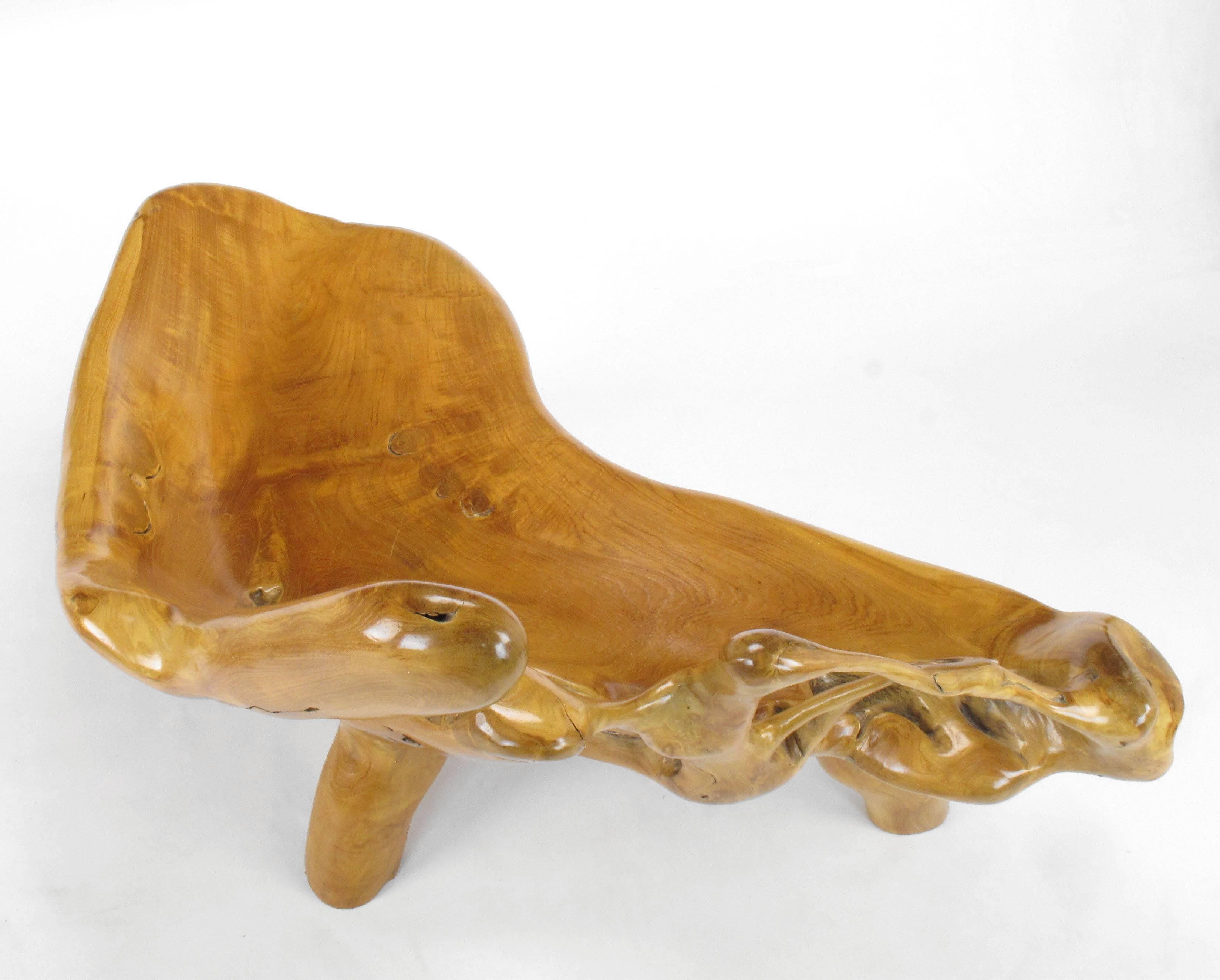 Indonesian Organic Form Three-Leg Boomerang Teak Root Bench For Sale