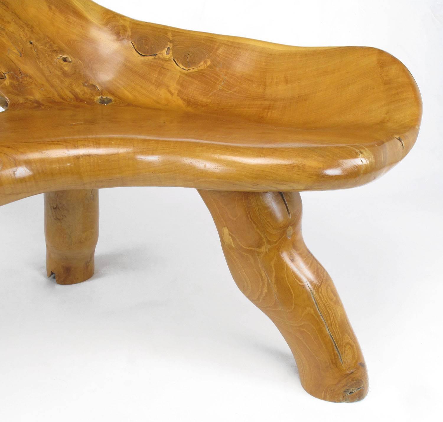 Organic Form Three-Leg Boomerang Teak Root Bench In Excellent Condition For Sale In Chicago, IL