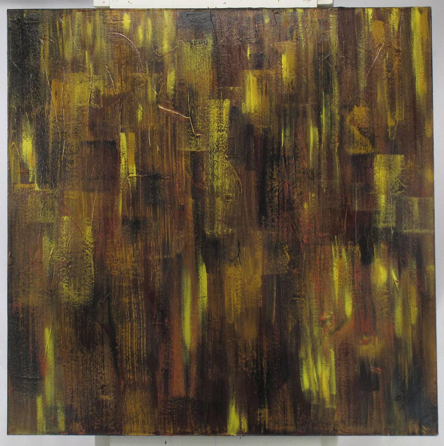 Large abstract expressionist painting using oil on canvas in broad strokes of sienna, yellow, red, black and umber by Chicago and Palm Springs artist Bryan Boomershine. Canvas stretched on a wood frame with black painted borders.

About Bryan