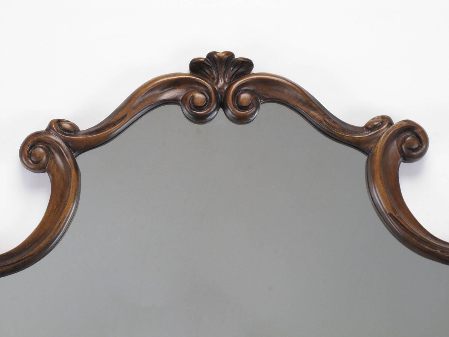 American Large 1940s French Regency Style Wall Mirror with Scrolled Fruitwood Frame