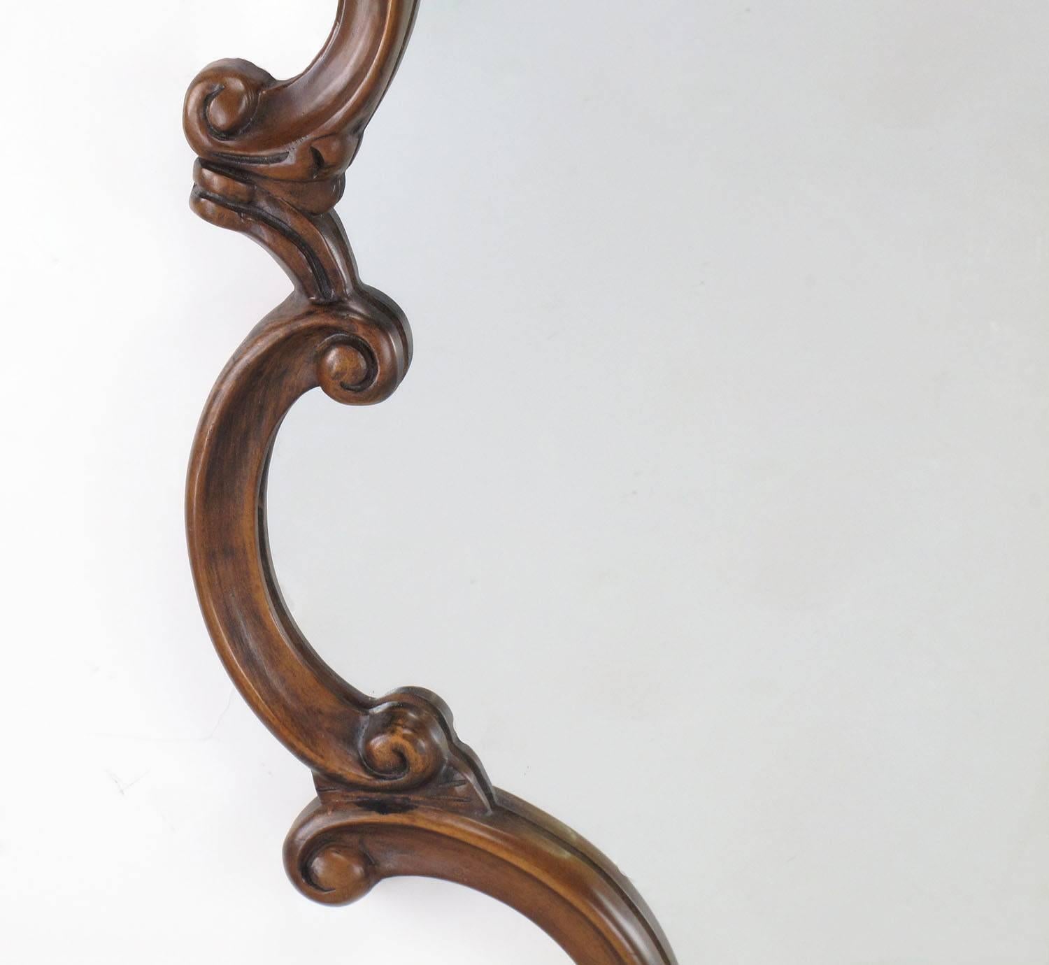 Large 1940s French Regency Style Wall Mirror with Scrolled Fruitwood Frame In Excellent Condition In Chicago, IL