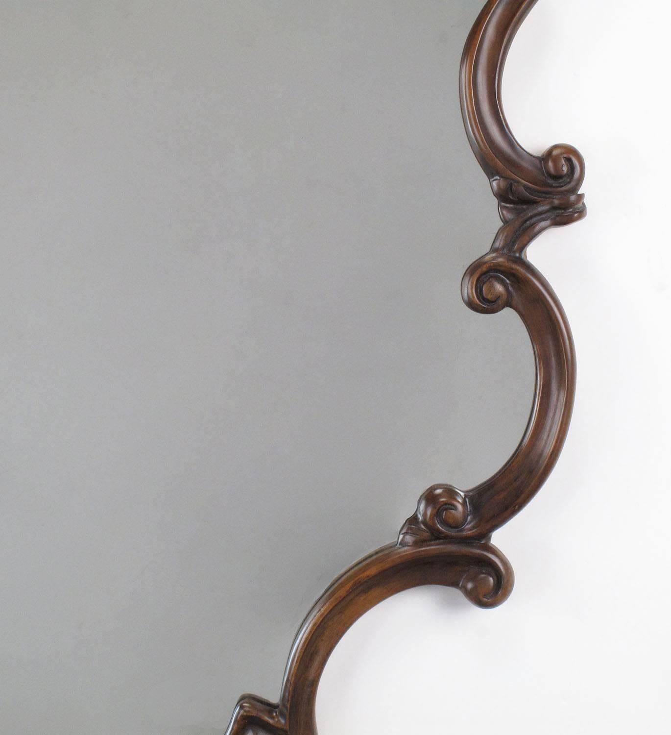Large 1940s French Regency Style Wall Mirror with Scrolled Fruitwood Frame 1