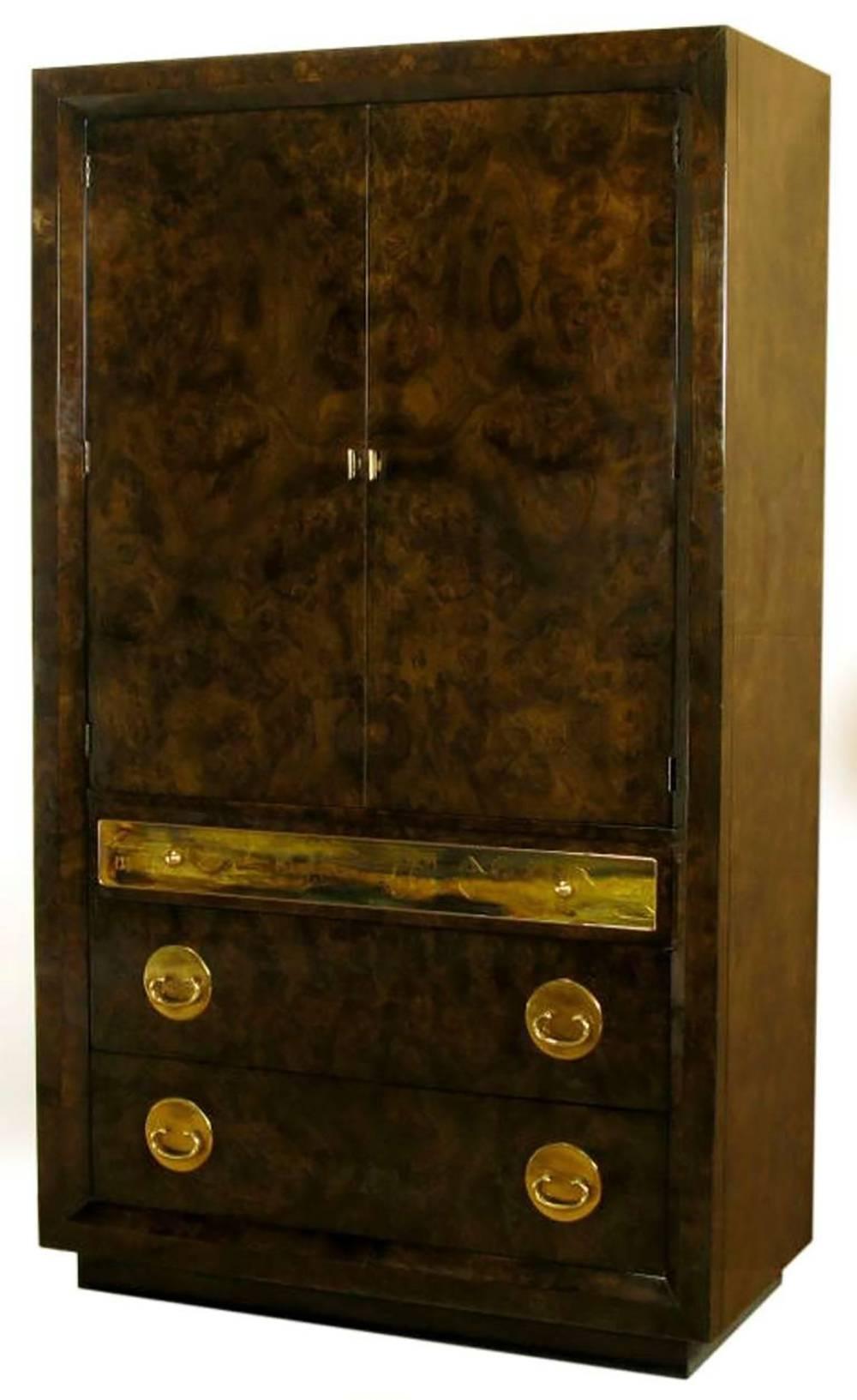 Mastercraft burl amboyna wood tall wardrobe cabinet. Three drawers in the base with top drawer faced with an acid etched panel by Bernhard Rohne. The upper compartment is fronted by two doors, and offers storage in three drawers with a shelf above.